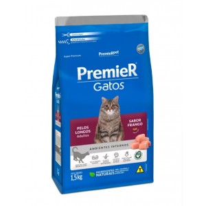 Ração Premier Pet Gatos Adultos Ambientes Internos Pelos Longos Frango  - 1,5kg
